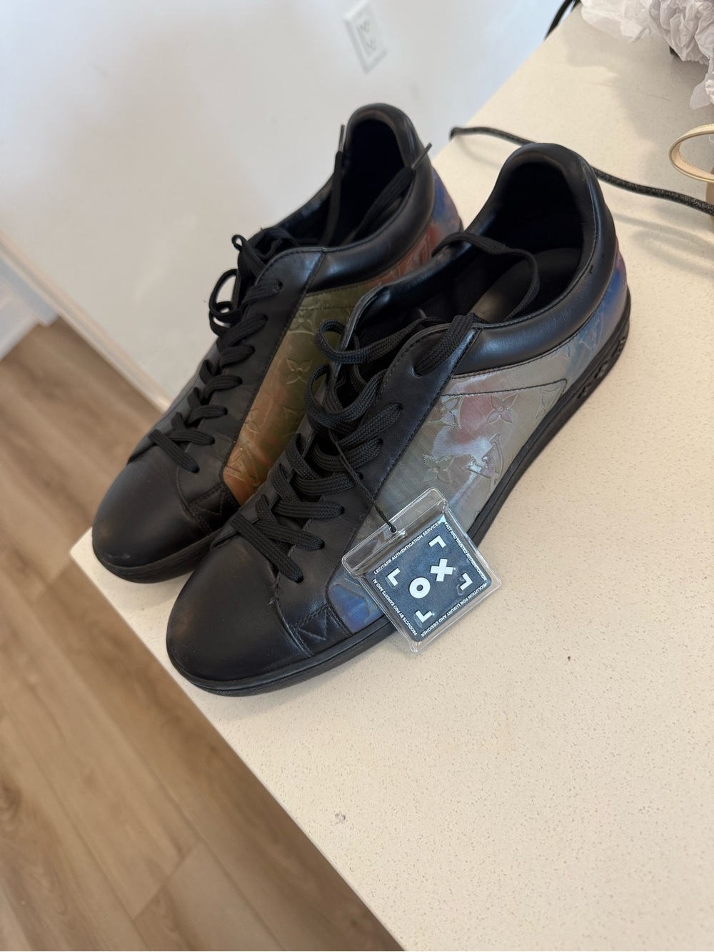 Louis Vuitton Black Leather Sneakers with Iridescent Monogram Panels